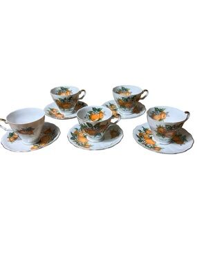 VTG SET OF 5 'California' E W Princess Tea Cups Saucer Hand Painted Oranges Gold